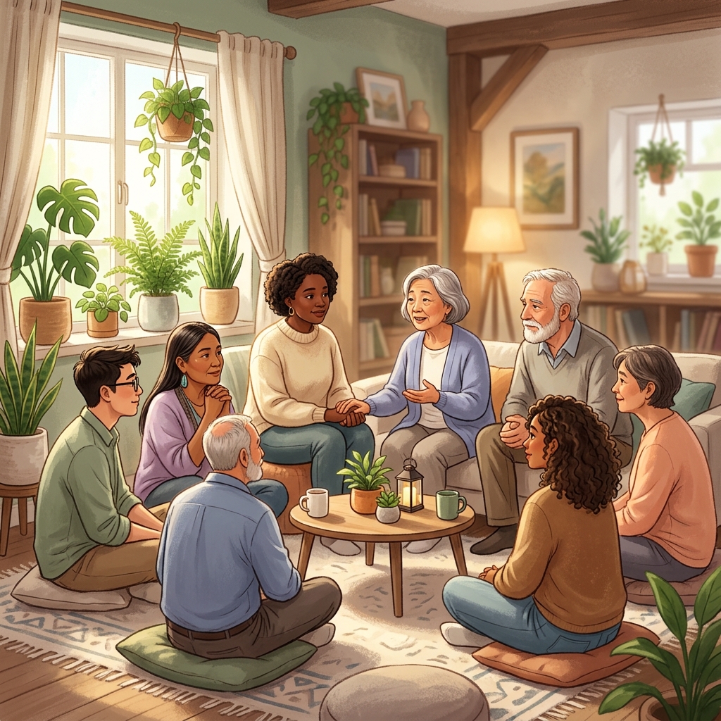 SupportGrove - Group of diverse people supporting each other, symbolizing community and healing